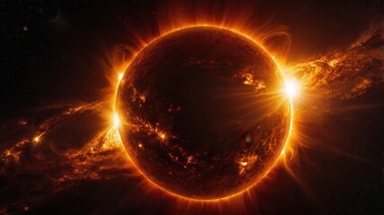 Obraz premium A large orange sun is surrounded by a dark sky