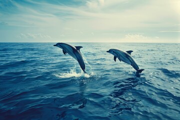 Obraz premium Two dolphins leap joyfully through the sparkling ocean waters. Their elegance and playfulness capture the beauty of marine life. A stunning nature moment. Generative AI