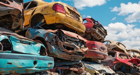 Pile of scrap cars in a junkyard