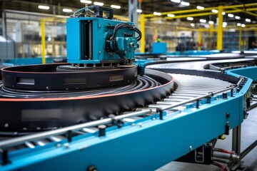 Fototapeta premium Modern conveyor system in a manufacturing facility efficiently transporting products in a well-lit industrial setting