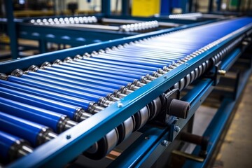 Conveyor belt system transporting various items in a modern warehouse during daylight hours