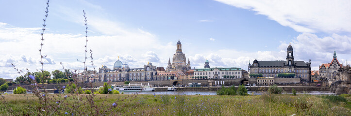 Panoramic view of Dresden old city center from the banks of the Elbe River during a summer day.