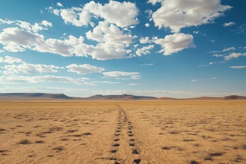 Fototapeta premium An immense desert landscape stretches out under a wide blue sky, featuring distinct tire tracks leading into the distance.