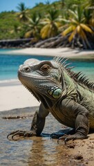 Obraz premium A lizard is standing on the beach next to a body of water