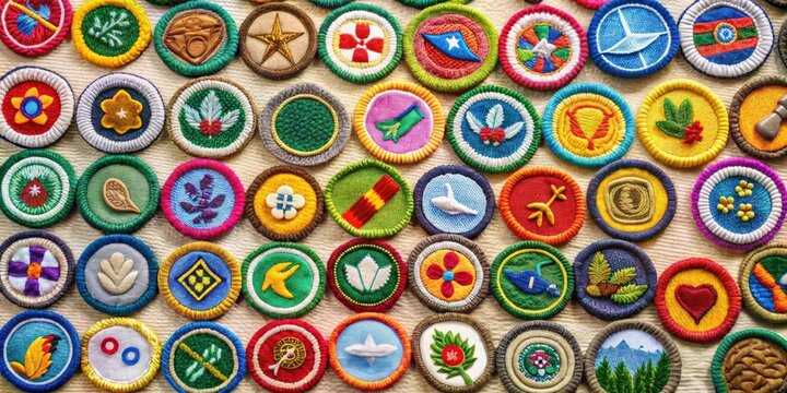 Collection of colorful merit badges for various achievements and skills
