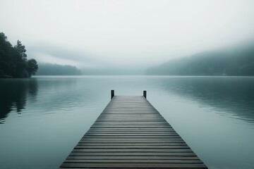 Obraz premium A wooden dock extends into a foggy lake, the still water and mist creating a peaceful, contemplative atmosphere at dawn.