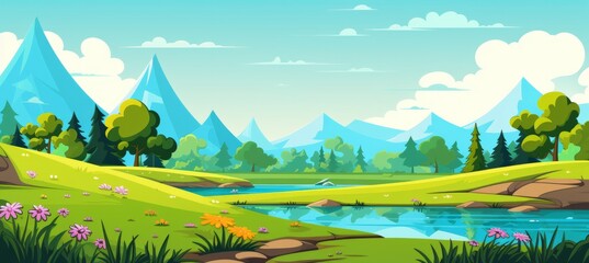 Obraz premium A vibrant landscape featuring a serene lake surrounded by lush green meadows and majestic mountains under a bright blue sky