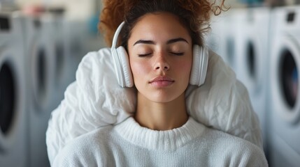A relaxed woman in a laundromat wearing white headphones and a cozy sweater, resting with her eyes closed on laundry, exemplifies calmness and tranquility.