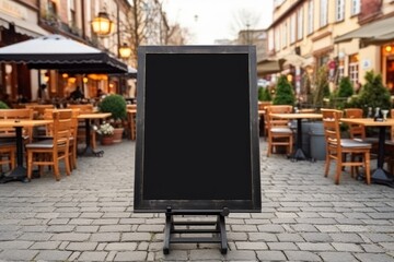 A blank chalkboard sign stands prominently in a charming outdoor dining area of a cozy restaurant in the evening
