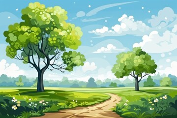 A serene landscape featuring green trees and a winding dirt path under a clear blue sky with fluffy clouds in the afternoon light