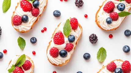A flat lay of delicious pastries topped with whipped cream, raspberries, blueberries, and mint leaves on a white background.
