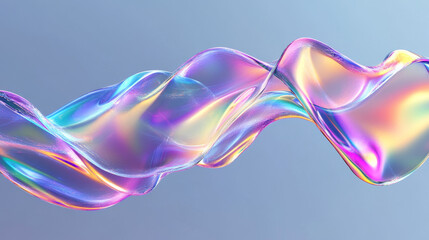 Obraz premium 3D abstract liquid glass ribbon with a transparent, clear wave line. Features a rainbow fluid flow with dispersed light and a holographic gradient texture. Glossy design element in flight.