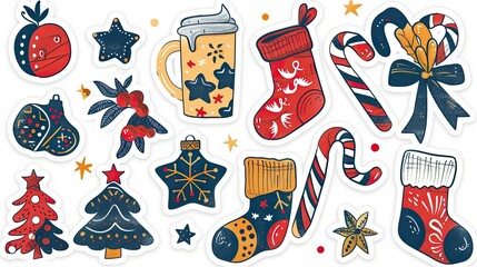 A set of Christmas-themed stickers featuring hot cocoa, candy canes, and cookies 