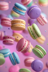 Obraz premium Colorful and delightful Macarons Floated gracefully on a Vibrant and beautiful Background