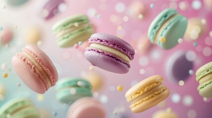 Obraz premium A visually stunning arrangement of Colorful Floating Macarons set against a dreamy Bokeh Background