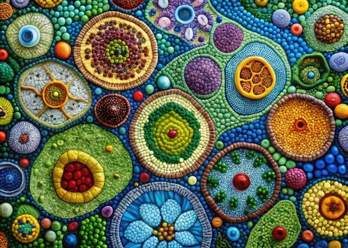 Cellular Tapestry Mosaic: Microscopic imagery rendered as mosaic art, creating a vibrant and textured tapestry of cell biology.
