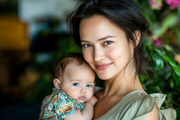 Obraz premium A mother lovingly cradles her infant child indoors surrounded by lush greenery during a bright serene afternoon.