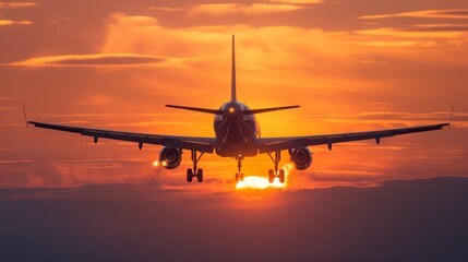 Fototapeta premium A modern passenger plane takes off into the sky against the background of sunrise, symbolizing the beginning of the journey