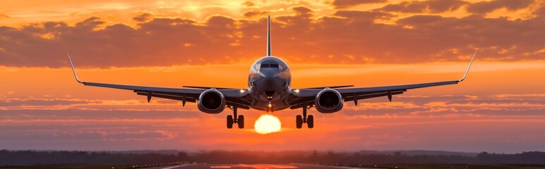 Fototapeta na wymiar A modern passenger plane takes off into the sky against the background of sunrise, symbolizing the beginning of the journey