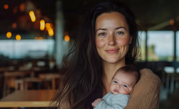 A joyful mother holding her baby in a cozy caf&eacute; setting.