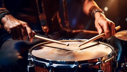 Extreme close-up of the expert hands of a male drummer, holding wooden drumsticks while performing a roll on a snare drum. Percussion instrument, drum roll and drum beat concept. Generative Ai.