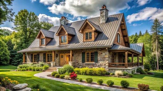 Charming summer residence in Bromont, Quebec, Canada, showcasing traditional Canadian architecture adapted to local climate, blending functionality with cultural heritage and rustic charm.