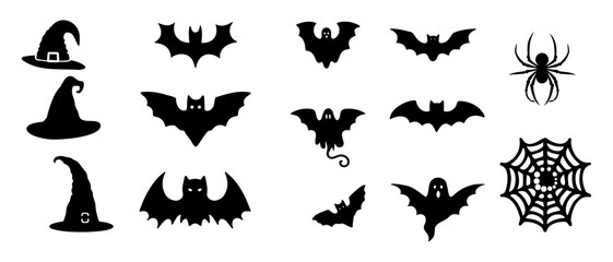 Halloween silhouettes. Bat, spider, spider web, witch hat, ghost black filled vector Illustration icon