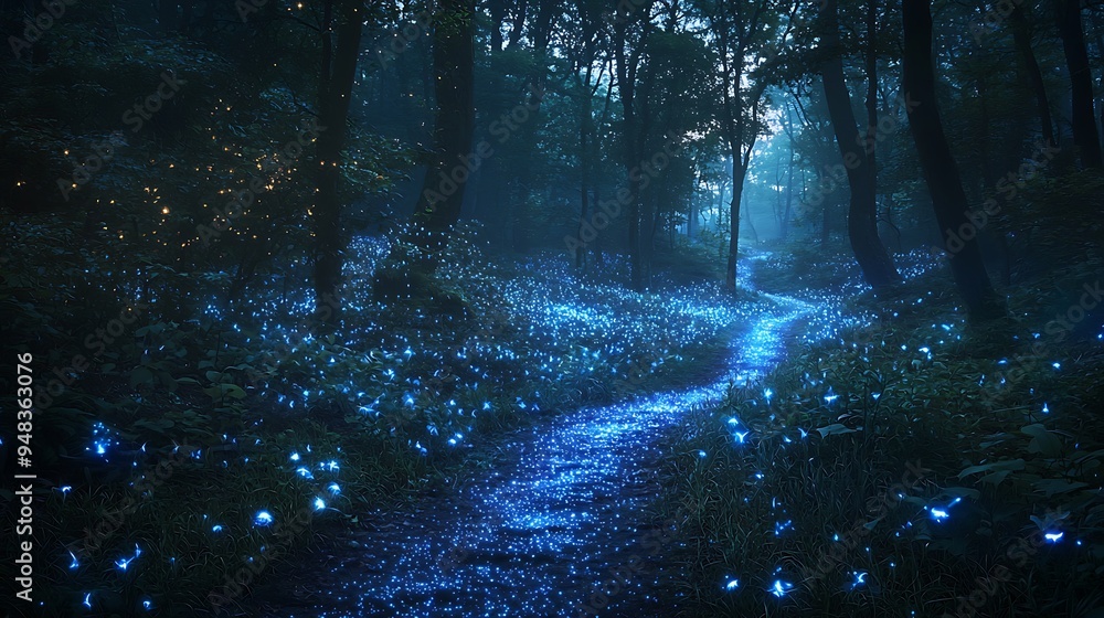 Aufkleber a mystical forest path illuminated by the soft glow of fireflies at night, creating a dreamlike atmo