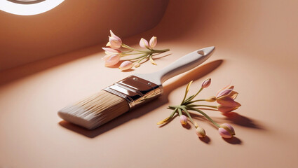 Paint brush with white handle and flowers of pastel shades on background of soft lighting. For use in materials about creativity, repair, interior design. Copy space