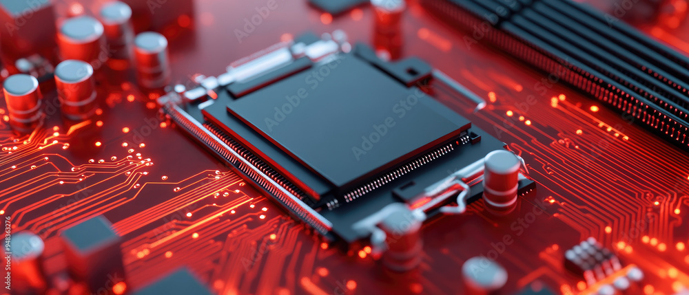 Poster high-tech motherboard close-up, intricate circuitry glowing in a vibrant red hue, featuring a centra