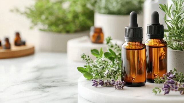 bottles of essential oils and natural remedies displayed on white marble surface for alternative medicine concept banner with copy space