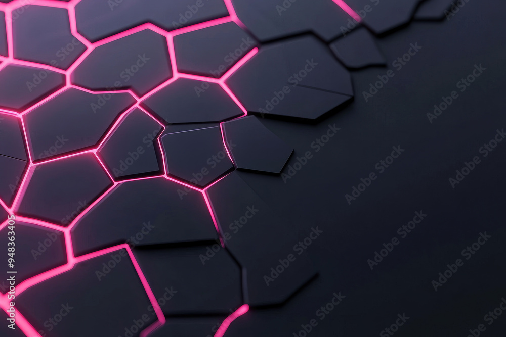 Poster neon hexagons, a modern black surface with glowing pink lines interconnecting hexagonal shapes, crea