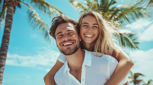 Happy Couple Enjoying a Romantic Honeymoon on a Tropical Beach