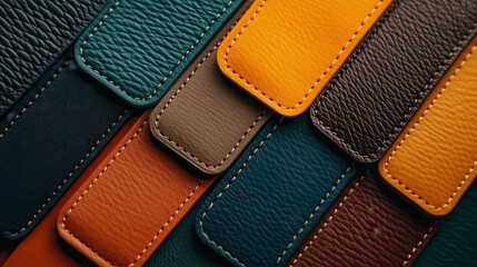 An assortment of colorful leather items is artistically arranged on a green background, featuring a range of vibrant hues and textures, perfect for fashion or travel enthusiasts.