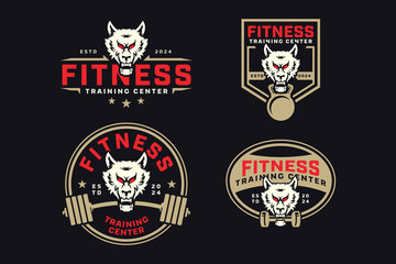 wolf or canine with power bar, barbell and kettlebell badge logo design collection for fitness, gym, bodybuilding, weightlifting club © salzcreative