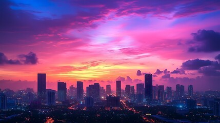 Obraz premium A cityscape bathed in sunset, with vibrant pink and blue clouds creating a stunning backdrop.