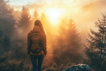 Obraz premium Woman with Backpack Standing in a Foggy Forest at Sunset