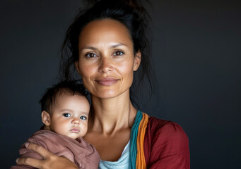 A mother holds her baby close, capturing a tender moment against a dark backdrop.