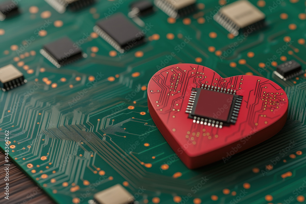 Poster heart of technology, a red heart-shaped microchip rests on a green circuit board, symbolizing the fu