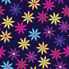 A vibrant Colorful floral seamless pattern, geometric flowers on blue background. Good for textile print, creative projects or wrapping paper