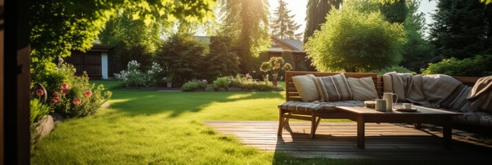 A cozy backyard lounge on a sunny afternoon with lush gardens and warm sunlight shining through the trees