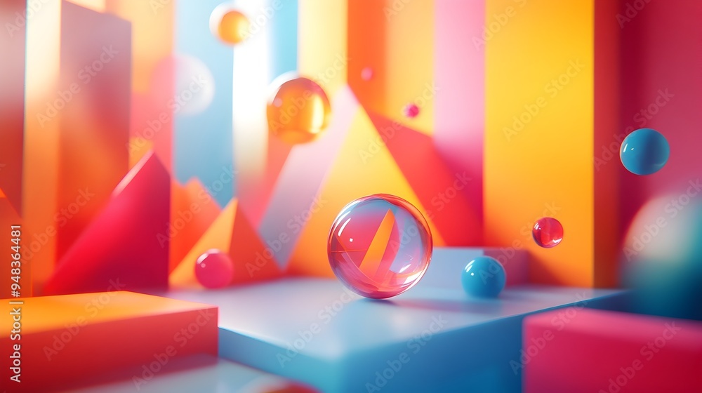 Poster mesmerizing abstract art composition with vibrant geometric shapes and depth of field