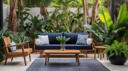 Stylish outdoor seating area with modern furniture surrounded by lush greenery in a serene garden setting