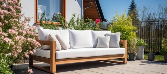 Obraz premium Stylish outdoor sofa surrounded by blooming flowers in a sunny garden setting during the afternoon