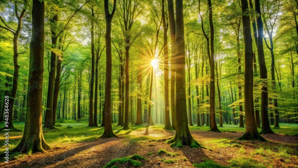 Poster sunlit deciduous trees in the forest
