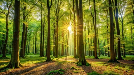 Sunlit deciduous trees in the forest