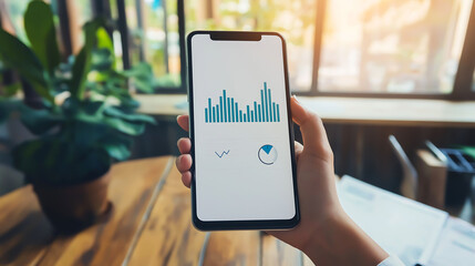 Woman hand holding modern smartphone mockup with white screen on financial accounting of profit summary graphs analysis background