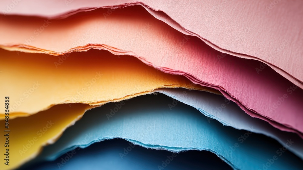 Poster multiple sheets of paper in vivid colors, such as yellow, pink, and blue, are layered together to cr