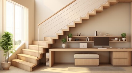 Modern minimalist interior featuring a wooden staircase and a cozy home office setup in soft afternoon light