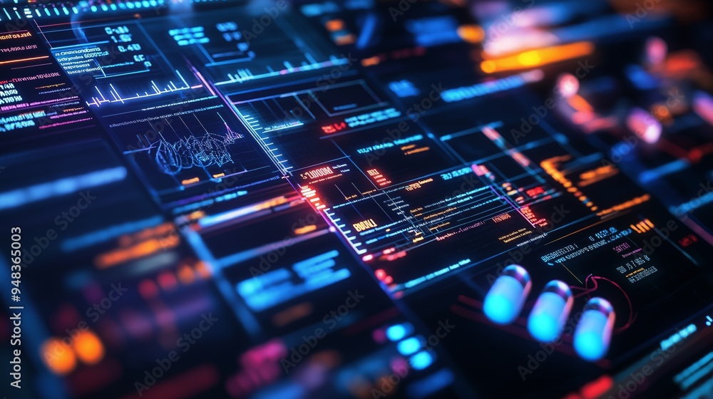 Poster futuristic digital interface visualizing genomic data and personalized drug prescriptions in a healt